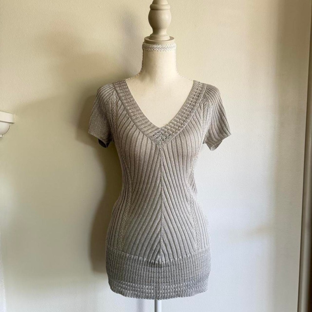Armani Exchange gray ribbed knit sweater with vertical ribbed texture